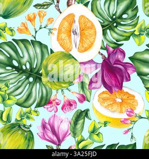 Aquarellmuster mit Kokosnussblüten. Nahtloses Blumenmuster mit Pomelo für Verpackung, Textil, Berddesign usw. Magnolie, Monstera und Freesie sind nahtlos Stockfoto