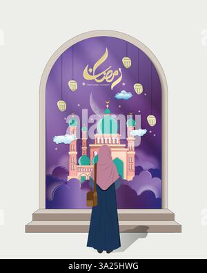 Ramadan Kareem Illustration mit Moschee, Laternen und Sternenhimmel. Eine Frau in einem Hijab, die eine majestätische Moschee mit grünen Kuppeln und Minaretten ansieht. Stock Vektor