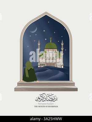 Friedlicher Ramadan mit Mädchen um Moschee unter Sternenhimmel. Die arabische Kalligraphie lautet „Ramadan Kareem“. Eine Frau im Hijab sitzt und blickt auf die Moschee. Stock Vektor