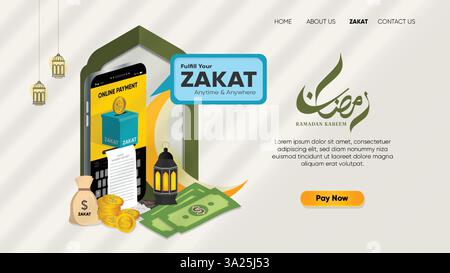 Islamisches Spendenwesen und Zakat-Zahlungskonzept mit Online-Banking. Zakat, eine Säule des Islams, ist ein obligatorischer Almosenakt, an zweiter Stelle nach dem Gebet. Stock Vektor