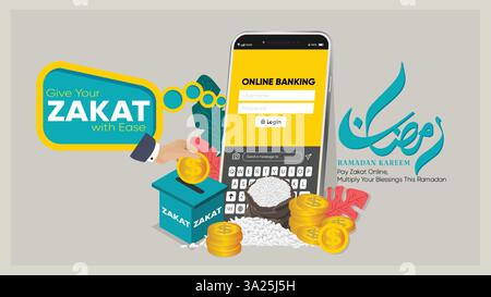 Online-Zakat-Zahlungs-Banner-Illustration für Ramadan-Spenden. Zakat, eine der fünf Säulen des Islam, ist eine religiöse Verpflichtung des Almosengebens an Bedürftige. Stock Vektor