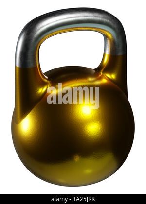 Olympische Kettlebell, leere schwere gusseiserne Powerlifting-Ausrüstung, vergoldet, isoliert auf weißem Hintergrund. 3D-Abbildung Stockfoto