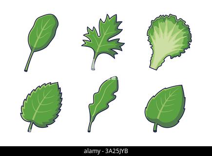 Frischkräuter-Konzept. Niedliche Zeichentrickkräuter Charaktere, Blätter, Arugula-Zweige, Minze, Basilikum, Spinat, Salat. Vektor-Zeichentricksymbole, Aufkleber isoliert auf weißem Hintergrund. Kräuter-Kollektion Stock Vektor