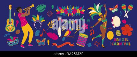 Brasilianisches Karnevalsset. Masken, exotischer Vogel, tanzende Menschen, Gitarre, Blumen. Moderne Vektorillustration. Stock Vektor