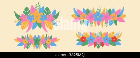 Botanischer horizontaler Rahmen des Frühlings. Bunte blühende Blumen und exotische Blätter. Set mit floralen Gänseblümchen Stock Vektor