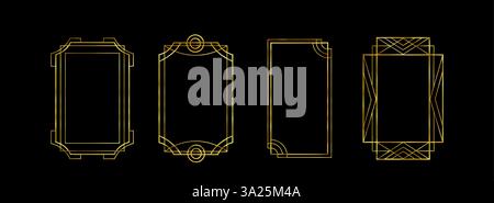 Goldene Art Deco-Rahmen isoliert auf schwarzem Hintergrund. Vektor-realistische Illustration von gatsby-Stil rechteckige Luxus-Borten, elegante glänzende Linien, Retro 20er Jahre Plakatdekoration Stock Vektor