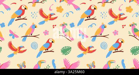 Tropische Vögel nahtloses Muster. Exotische Papageien, Kakadu, Tukan und Doodle-Elemente. Vektorabbildung. Stock Vektor