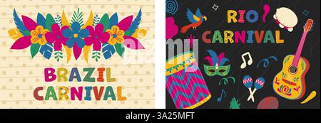 Brasilianisches Karneval-Poster-Set. Trendige Bannerkollektion mit floralem Gänseblümchenrand, Musikinstrumenten und Doodle-Elementen Stock Vektor