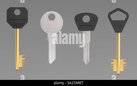 Realistische Illustration des Schlüsselsatzes – sechseckige, runde und fünfeckige Entriegelungsvorrichtungen mit modernen Schlosssymbolen für den Zugang zum Fahrzeug oder zu Hause. Sicherheitssysteme zum Öffnen von Fahrzeugen oder Gebäuden. Eingang und sichere Elemente. Stock Vektor