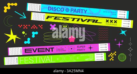 Festival Party Armband Sticker Designs - bunte Eintrittscharmbänder, Pässe mit trendigen minimalistischen geometrischen Formen, lustige Symbole, Muster. Neonfarben, helle, moderne Disco-Atmosphäre, Eintrittskarten für Veranstaltungen. Stock Vektor