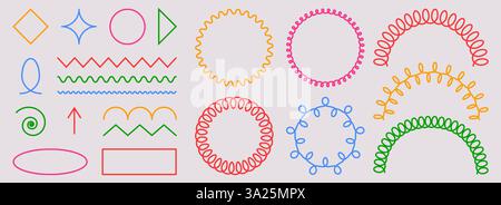 Federspulenformen, Spiralen, wellige Linien - farbenfrohe Set dekorativer geometrischer Doodle-Elemente. Zickzack, Loops, Locken und Wirbel für verspielte Rahmen oder Rahmen. Lebendige, handgezeichnete kreative Akzente. Stock Vektor