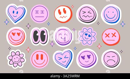 Verspielte Emoticon Gesichts-Sticker in leuchtenden Farben und Retro-Groovigem Style. Lustige trendige runde Ikonen mit verschiedenen Cartoon-Ausdrücken - lächelnd, rollend, lächelnd, lachend, verwirrt und liebevoll. Stock Vektor
