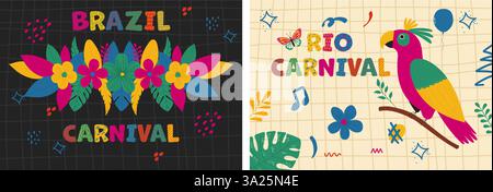 Poster-Set mit Karneval-Design in Rio. Trendige Bannerkollektion mit botanischem horizontalem Rand, exotischem Papagei und naiven Doodle-Elementen Stock Vektor