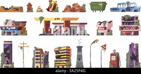 Post-Apokalypse. Apokalyptische Infrastruktur zerstörte Stadtlandschaft Cartoonspielelemente, verlassenes Gebäude stürzte ein beschädigtes Haus nach dem Katastrophenkrieg, schicke Vektorillustration Original-Kunstwerk Stock Vektor