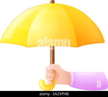 3D-Regenschirm in der Hand. Mann Hände halten Schirm, Regen Sturm nasses Wetter oder Versicherung Deckungskonzept Regenwasser Schutz Schutz Schutzschirme Schild, Rendern exakte Vektorillustration Original Artwork Stock Vektor