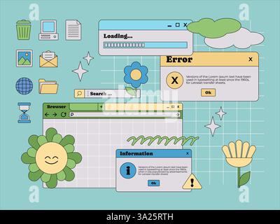 Computer-GUI-Komponente Benutzeroberfläche Benachrichtigungsinformationen Warnung Laden Website-Browser-Software Popup-Datei Dokument-Symbolsatz Stock Vektor