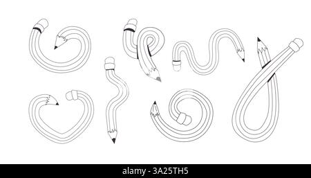 Verdrehter, gekrümmter Comic-Bleistift, der skizzenhaft kritzelnd ist. Linie Hand gezeichnet einfacher Bleistift. Flippiges flexibles Schulmaterial. Trendiges Schreibwerkzeug. Vektorabbildung Stock Vektor