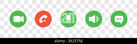 Symbol Videocall. Satz von Symbolen für Video-Chat und Benutzeroberfläche. Telefon, Ton, Mikrofon, Kamera, Ruftasten isoliert auf transparentem Hintergrund Stock Vektor