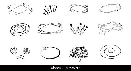 Schwindeleffekt, Kopfschmerzen, krankes Zeichnen-Doodle-Comic-Set. Schwindelgesichter, Stars über dem Kopf, Emotionen, verrückte handgezeichnete Linien-Kollektion. Vektorabbildung Stock Vektor