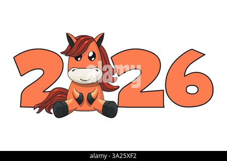 Chinesisches Neujahr 2026 im Cartoon-Stil mit sitzendem orangenem Pferd. Pferdecharakter. Tiermotiv. Neujahr 2026 Stock Vektor