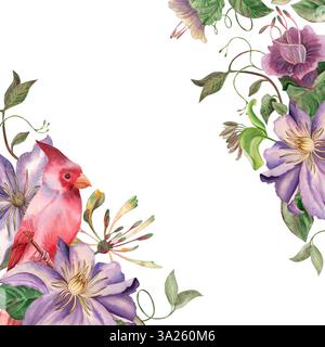 Aquarellrahmen mit hellvioletten Clematis-Blüten, üppig grünen Kletterweben und rotem Kardinalvogel. Handgezeichnete Illustration für botanisches Design Stockfoto