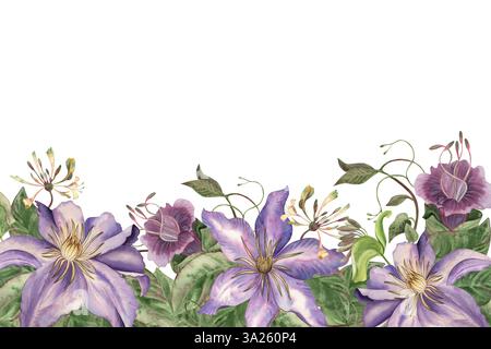 Eleganter Blumenrand in Aquarellfarben mit violetten Clematis, Geißblatt, Cobaea-Blüten und Weinstöcken. Handgezeichnete botanische Illustration, perfekt für Stockfoto