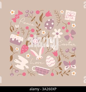 Festliches Osterbanner, Kartenvorlage. Netter quadratischer Vektor-Rahmen mit Vogel, Kaninchen, Eiern, Beere über Frieden, Liebe. Stock Vektor