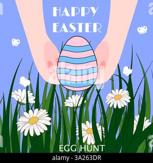Hasenjagd Osterei. Fröhliches Osterplakat, Frühlingswiese, Gras Stock Vektor