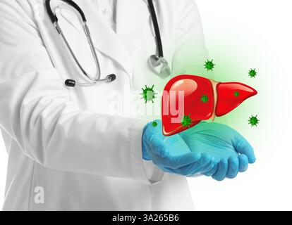 Doktor hält Illustration der ungesunden Leber auf weißem Hintergrund, Nahaufnahme. Hepatitis Stockfoto