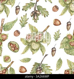 Aquarell handgezeichnete botanische Nusszweige nahtloses Muster, Flora wiederholendes Papier, Herbstkastanien-, Eichen- und Haselnussmuster Stockfoto