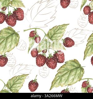 Aquarell handgezeichnet botanischer Himbeerzweig, Beeren nahtloses Muster, Flora wiederholendes Papier, Herbstmuster Stockfoto