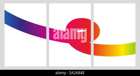 Abstraktes geometrisches Triptychon mit gekrümmtem Band im Regenbogenverlauf auf weißem Hintergrund. Moderne, minimalistische Wandbilder für die Inneneinrichtung. Stock Vektor