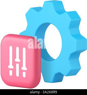 Einstellungen Zahnradsystem Konfiguration Anwendungstechnologie 3D-Symbol realistische Vektordarstellung. Optimierungsmechanismus einrichten Optionsauswahl m Stock Vektor