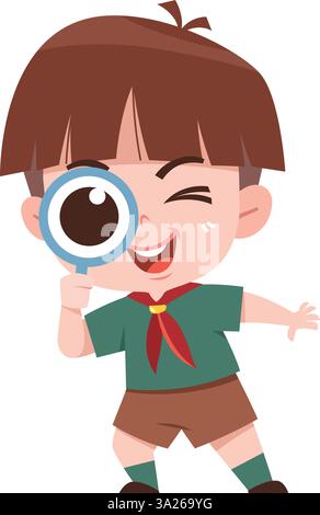 Neugieriger Pfadfinder mit Vergrößerungsglas Stock Vektor