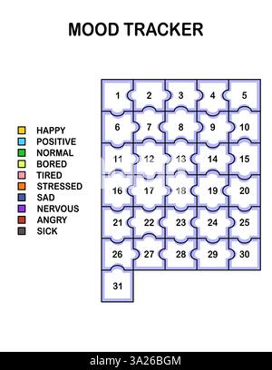 Stimmungs-Tracker in Pixel. Kalender monatlich, jährlich, wöchentlich, tagtäglich. Kalender für persönliche und geschäftliche Probleme. Gefühlsplaner, Gewohnheitstracker Stock Vektor