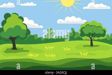 Heller Sommertag in einem friedlichen Park mit grünen Bäumen und klarem blauem Himmel Stock Vektor