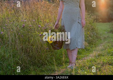 Eine Frau in einem gepunkteten Kleid steht auf einem sonnendurchfluteten Feld und hält einen Korb mit bunten Wildblumen und Sonnenblumen. Das warme Sonnenlicht und Stockfoto