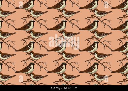 Botanisches abstraktes nahtloses Muster mit Gartenvögeln Vektor-Illustration. Buntes sich wiederholendes Spatzen-Zeichentrickmuster in beigefarbenem Hintergrund. Stock Vektor