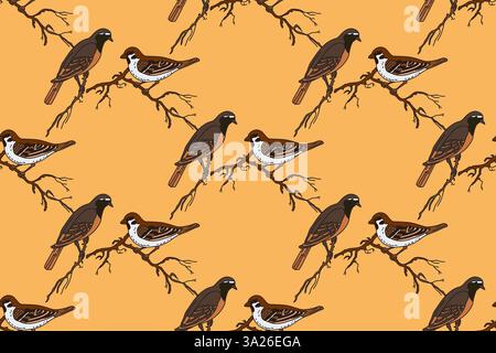Botanisches abstraktes nahtloses Muster mit Gartenvögeln Vektor-Illustration. Buntes sich wiederholendes Spatzen-Zeichentrickmuster in gelbem Hintergrund. Stock Vektor