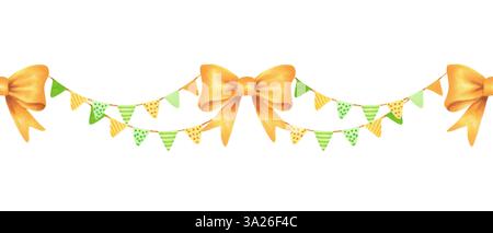 Gelbe Schleife mit Girlande. Nahtloser horizontaler Rand mit Band. Aquarell- und Markierungsabbildung. Handgezeichnete isolierte Kunst. St. Patricks Day Hängen Stockfoto