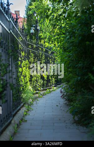 Ein gepflasterter Pfad entlang eines schwarzen schmiedeeisernen Zauns, mit üppig grünem Laub auf der anderen Seite. Stockfoto