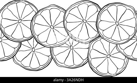 Lemon Slices Vector Design mit grafischer Linientinte handgezeichneter horizontaler nahtloser Rand. Schwarz-weiß-Illustration Design für Menü, Paket, Cosmeti Stock Vektor