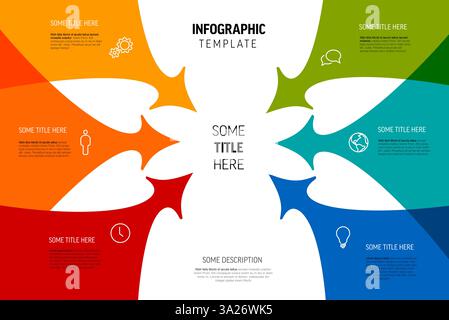 Eine farbenfrohe Infografik-Vorlage mit sechs Pfeilen, die auf einen zentralen Titel zeigen. Das Design enthält Symbole und Textbereiche für anpassbare Daten Stock Vektor