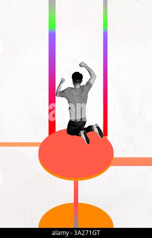 Kunstbild vertikale Fotocollage des anonymen Geschäftsmannes Jump Art Doodle Figur abstrakte Geometrie Karriereerfolg Stockfoto