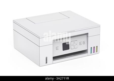 Moderner All-in-One-Farbdrucker auf weißem Hintergrund Stockfoto