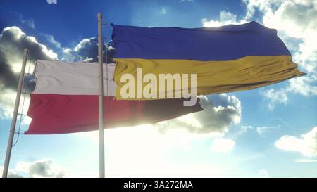 Polnische und ukrainische Flagge am Fahnenmast. Polen und die Ukraine schwenken die Flagge im Wind. Polen und Ukraine diplomatisches Konzept. 3D-Abbildung Stockfoto