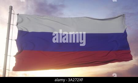 Russland Politik und Nachrichtenkonzept. Russische Nationalflagge am Himmel. 3D-Abbildung Stockfoto