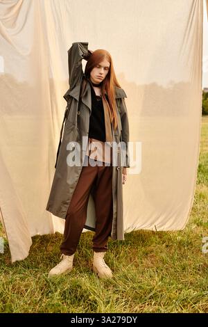 Der modische junge Mann mit langen Haaren posiert während des Sonnenuntergangs in einem üppigen, grasbewachsenen Bereich. Stockfoto