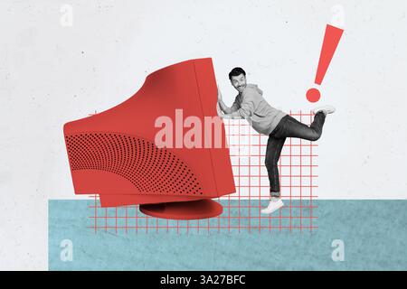 3D Skizze Poster Trend Collage des glücklichen IT-Spezialisten Mann Stand pc Monitor Ausrufezeichen Warnung Hacking trojaner Virus Problem Stockfoto