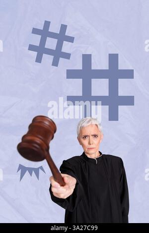 Trendbild vertikale Fotocollage einer ernsthaften alten Frau Hold Hammer Hit Entscheidung Anwalt Regierungsrechte Strafverfolgung Stockfoto
